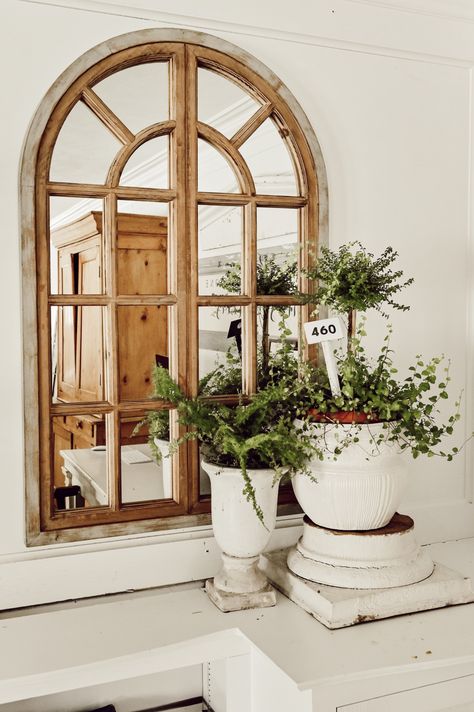 Rustic Farmhouse Arched Window mirror - Liz Marie Blog Spring Living Room Decor, Arched Window Mirror, Spring Living Room, Liz Marie, Liz Marie Blog, Farmhouse Windows, Farmhouse Remodel, Trendy Living Rooms, Window Mirror