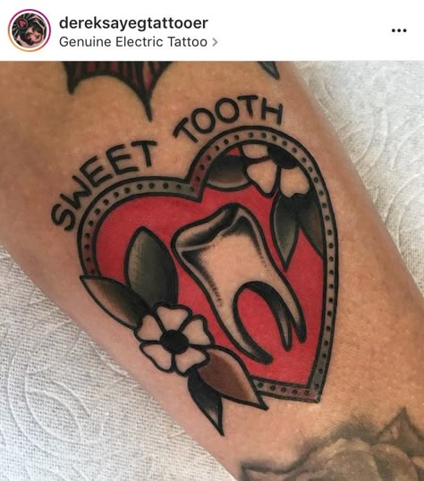 Traditional Tooth Tattoo Design, Toothpaste Tattoo, Denture Tattoo, American Traditional Tooth Tattoo, Traditional Candy Tattoo, Tootsie Roll Tattoo, Sweet Tooth Tattoo, Traditional Tooth Tattoo, Traditional Tattoo Tooth