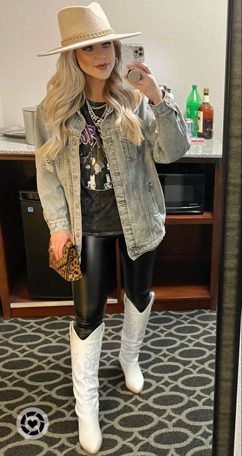 Cowboy Boot Party Outfit, Western Outfits With White Boots, Winter Outfits With Western Boots, Outfits For Rock Concert Summer, Cute Cowgirl Outfits Winter, Nfr Night Outfits, Vegas Country Concert Outfit Ideas, Classy Cowgirl Outfits Winter, Knee High Boots Outfit Western