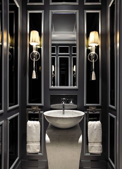 Drama in the powder room...  19 Almost Pure Black Bathroom Design Ideas | DigsDigs Drømme Bad, Black Powder Room, Gothic Bathroom, Bathroom Design Black, Bad Inspiration, Powder Room Design, Casa Vintage, Marble Bathroom, Black Bathroom