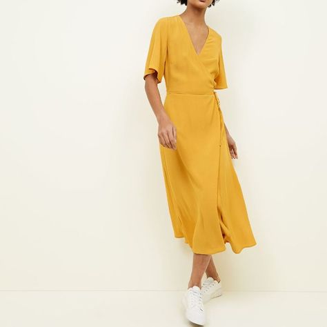 New Look Mustard Yellow Wrap Front Midi Dress Yellow Dress Short, Polo Mens Fashion, Summer Outfits Women 20s, Mustard Yellow Dresses, New Look Dresses, Yellow Dresses, Midi Dress Casual, Casual Street Style, Dress Short