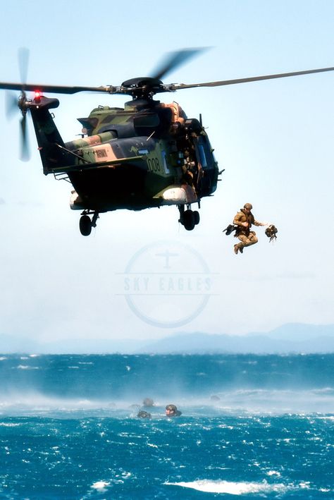 Members of the Australian Defence Force jump out of an MRH-90 helicopter while participating in an exercise off the eastern coast of Australia, June 7, 2018 t.me/airforceeagles facebook.com/skyeagless/ facebook.com/groups/1756968847949115/ instagram.com/skyeagless/ #aircraft #military #aviation #airforce #navy #airforceeagles #fighter #jet #fighterjet #boeing #flight #fly #formation #U.S. Navy #U.S. Air Force #Lockheed #Lockheedmartin #GeneralDynamic #IranAirForce #ImperialIranianAirForce Air Force Nurse, Australian Air Force, Australian Defence Force, Royal Australian Air Force, Defence Force, Military Aviation, U S Air Force, An Exercise, U S Navy