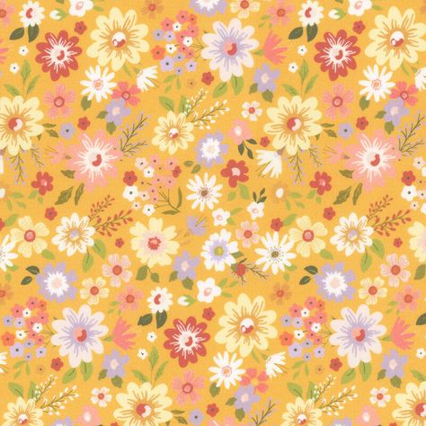 Discover the enchanting beauty of the Nature Sings fabric collection from Poppie Cotton, available at Shabby Fabrics. This collection showcases a harmonious blend of pastel hues and delightful designs with pops of color inspired by the wonders of the natural world. This fabric features a tossed floral print in yellow, pink, dark red, and light purple blooms on a warm golden yellow background. Width: 43"/44" Material: 100% Cotton Image Swatch Size: 8" x 8" Glass Beach House, Mustard Yellow Background, Quilt Fabric Collections, Yellow Design, Shabby Fabrics, Ancient Beauty, Fabric Collections, Yellow Wallpaper, Pink Dark