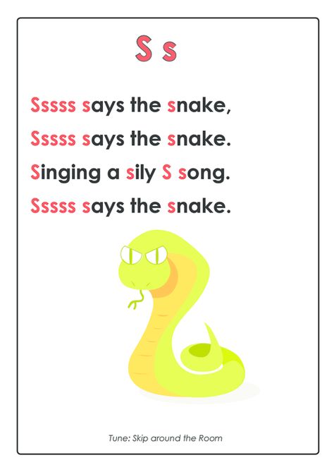 Sing a song and promote early learning! Not only are rhymes fun but they help your child to learn sounds, enunciate properly Letter S Songs For Preschool, Letter S Song, Letter S Preschool, Alphabet Sounds Song, Letter Poems, Letter S Activities, Alphabet Poem, Preschool Poems, Letter Song