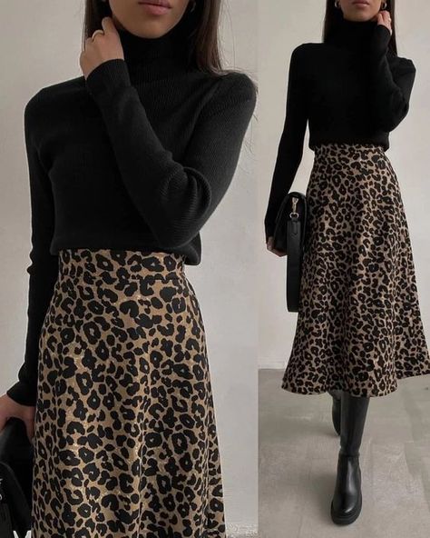 Black Skirt Outfit For Work Office Style Professional Women, Winter Theatre Outfit, Long Black Velvet Skirt Outfit, How To Style A Dress In Winter, Cold New Years Eve Outfit, Leopard Print Skirt Outfit, Leopard Skirt Outfit, Printed Skirt Outfit, Leopard Print Skirt