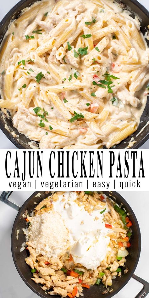 Cajun Chicken Pasta is everything you would expect from amazing comfort food. Fast to make, satisfying, creamy and absolutely delicious. Lots of flavors from Cajun seasoning really make this pasta dish shine #vegan #dairyfree #dinner #lunch #vegetarian #contentednesscooking #cajunchickenpasta Cajun Chicken Pasta Dairy Free, Creamy Vegan Fajita Pasta, Dairy Free Cajun Chicken Pasta, Dairy Free Cajun Pasta, Vegan Cajun Pasta, Cajun Pasta Sauce, Freezer Prep, Creamy Cajun Pasta, Vegan Cajun