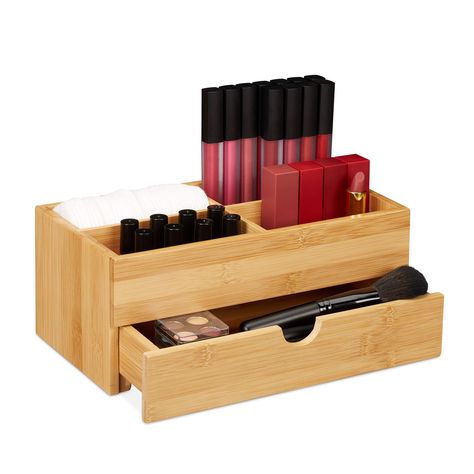 Relaxdays Bamboo Cosmetics Organiser, Multifunctional, 4 Compartments & Drawer, Desk Storage, Natural, 11 x 27 x 15 cm: Amazon.co.uk: Kitchen & Home Bamboo Makeup, Makeup Stand, Bathroom Baskets, Cosmetic Display, Make Up Organiser, Cosmetic Box, Natural Branding, Cosmetic Organizer, Desk Storage