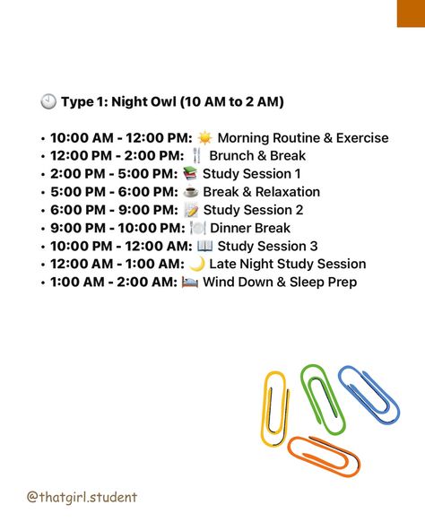 Different study schedules for different sleep patterns 💌 Which type of student are you??? Night owl or early bird? Personally I definitely am an early bird 🦢 haha🤭 I hope these schedules will be helpful to you 🫶 Do let me know in the comments which type of student are you 🌷 Follow @thatgirl.student for more tips 🥰🤝 [ #study #studyplanner #studyschedule #studyhacks #studygram #studywithme #student #studenttips #studymotivation #studenthacks #thatgirlstudent ] Best Time To Study, Tips Study, Student Life Hacks, Student Hacks, Study Schedule, Sleep Pattern, Night Owl, Study Time, Early Bird