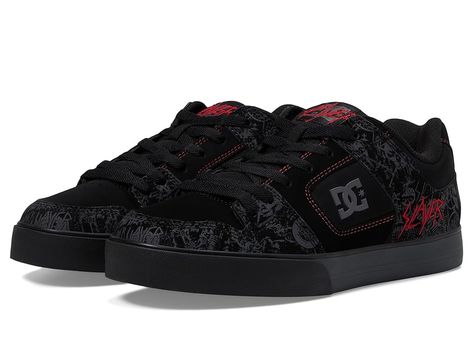 DC DC X Slayer Sneaker Collection - Men's Shoes : (Pure) Black/Grey/Red : The ultra-modern DC DC X Slayer Sneaker Collection Shoes are sure to keep you updated with the trend and give your casual appearance a touch of style. These are crafted with a leather upper, canvas lining, removable foam footbed, all ensuring premium comfort and durability. The shoes feature a round toe shape and a specialty print DC x Slayer artwork and logo application on the upper. Slip-on style. Rubbed midsole and outs Thigh High Sneakers, Red And Black Shoes High Heels, Dc Skate Shoes Outfit, 2000s Dc Shoes, Y2k Emo Men, Red Dc Shoes, Things To Buy Boyfriend, Dc Shoes Aesthetic, Black And Red Quince