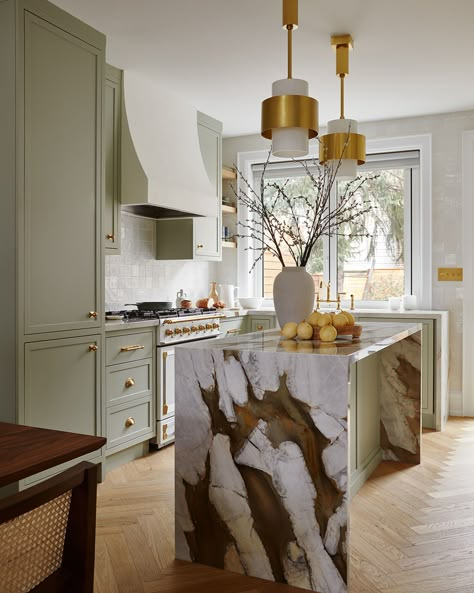 A “French Farmhouse” Feel in Toronto | Rue Venetian Plaster Hood, Kitchen Calacatta, Plaster Hood, Countertops Farmhouse, Cornue Range, Full House Renovation, Brass Light Fixtures, La Cornue Range, Brass Plumbing