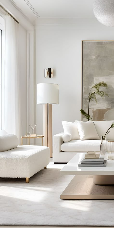 This white living room exudes sophistication, with carefully chosen furnishings and accessories. A white-themed living room creates a clean and calming oasis for relaxation. White Interior House, White Living Rooms, Living Room Interior Design Ideas, White House Interior, Modern White Living Room, Room Interior Design Ideas, Living Room Decor Lights, Zen Home Decor, Living Room Interior Design