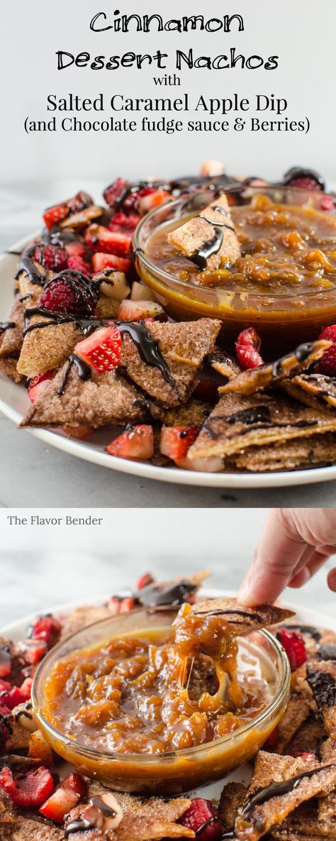 Cinnamon Dessert Nachos with Salted Caramel Apple Dip (Plus Chocolate Fudge sauce and Berries) - This dessert version of Cinnamon Dessert Nachos, are taken to the next level with this decadent Salted Caramel Apple dip! But if you want the classic (or both) Just drizzle on some Chocolate Fudge sauce and berries instead Dessert Nachos Recipe, Dessert Nachos, Cinnamon Desserts, Chocolate Fudge Sauce, Caramel Apple Dip, Sweet Dips, Apple Dip, Dessert Aux Fruits, Healthy Vegan Snacks