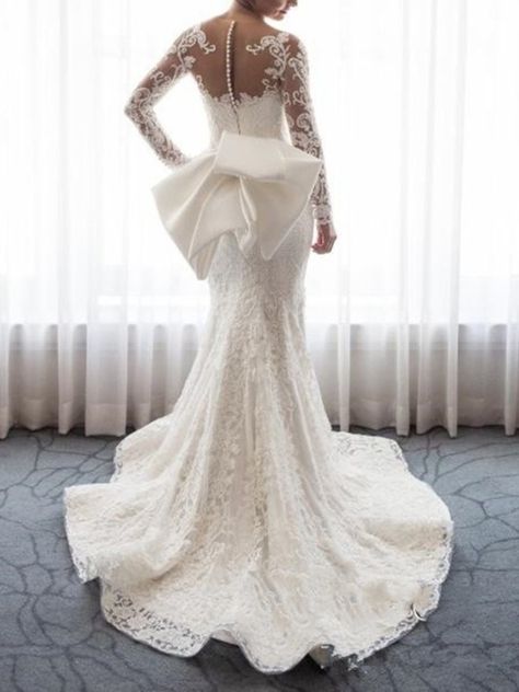 Bowknot Appliques Mermaid Lace Wedding Dress 2019 Wedding Dress With Detachable Sleeves, Dress With Detachable Sleeves, Detachable Train Wedding Dress, Bridesmaid Dresses Uk, Pronovias Wedding Dress, Sheer Wedding Dress, Detachable Train, Detachable Sleeves, Trumpet Wedding Dress