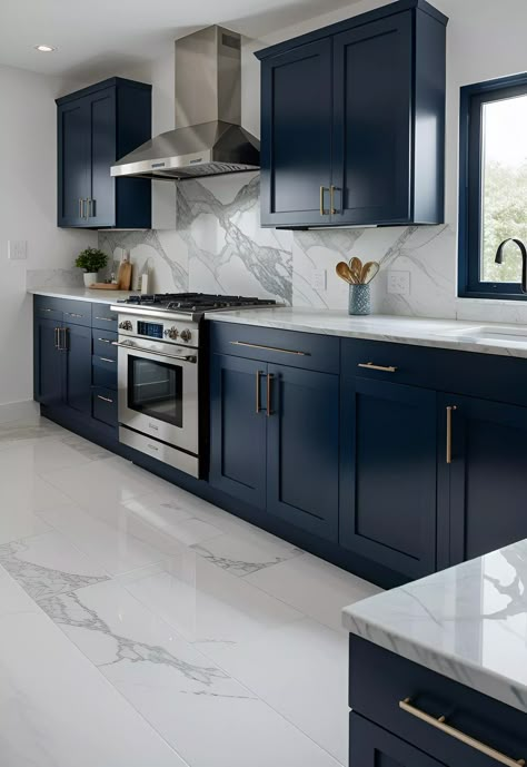 39 Trendy Blue Kitchen Cabinet Ideas: with Cool, Sophisticated Vibes 4 Navy Kitchen Grey Floor, Grey And Blue Kitchen Ideas Paint Colors, Navy Kitchen Modern, Navy And Wood Kitchen Cabinets, Navy Blue House Interior Design, Feminine Kitchen Ideas, Kitchen Ideas Navy Blue, Kitchen Ideas Painted Cabinets, Navy Blue Cabinets Kitchen