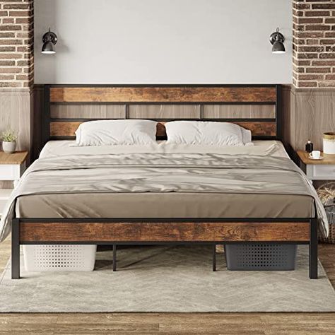 King Size Metal Bed Frame, Brown Bed Frame, Bed Base Frame, Brown Bed, King Size Bed Frame, King Bed Frame, Bed Frame With Storage, Metal Platform Bed, Headboard Storage