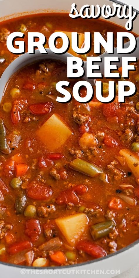 Make this easy ground beef soup for a hearty meal in just 30 minutes! Vegetable And Ground Beef Soup, Soup With Ground Beef Crockpot Easy Recipes, Ground Beef Crockpot Soup, Hobo Soup Ground Beef, Ground Beef Soup Recipes Crock Pots, Ground Beef Soup Crockpot, Vegetable Beef Soup With Hamburger, Vegetable Ground Beef Soup, Easy Ground Beef Soup