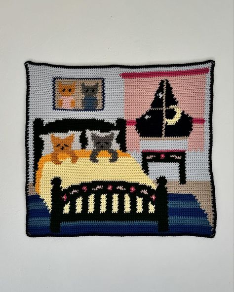 Tunisian Crochet Tapestry, Cat Themed Crochet, Cute Crochet Decor, Crochet Tapestry Aesthetic, Cat Tapestry Crochet Pattern, Crochet Bathroom Decor, Funny Crochet Tapestry, Crochet Cat Tapestry, Crochet Wall Art Pattern Free