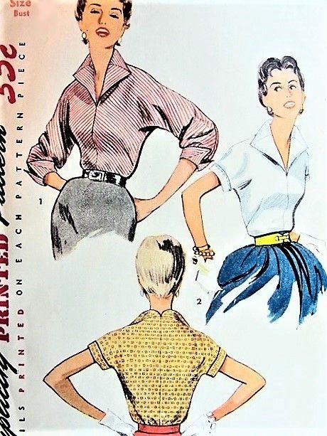 1950s STYLISH Blouse Pattern SIMPLICITY 4646 Striking WING Collar Tuck In Blouse Two Versions Bust 36 Vintage Sewing Pattern Tuck In Blouse, Vintage Blouse Pattern, Blouse Sewing Pattern, T Shirt Sewing Pattern, 1950s Sewing Patterns, Blouse Sewing, Patron Vintage, Sewing Blouses, Kimono Blouse