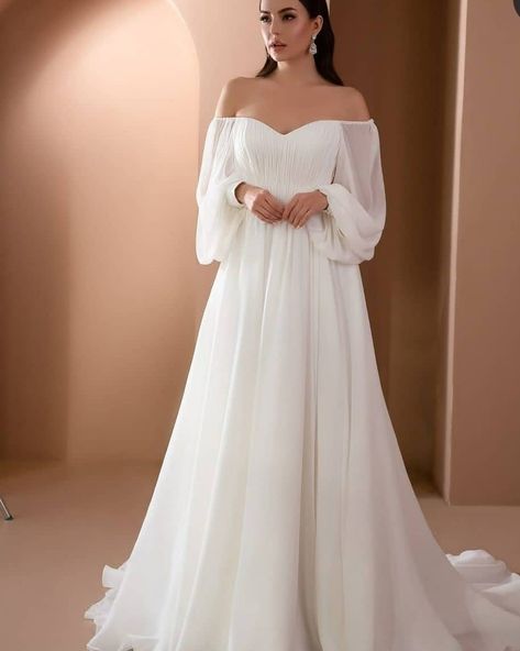 Simple Wedding Dress Strapless, Goddess Wedding Dress, White Bridal Gown, White Off The Shoulder, Chiffon Wedding Dress, Evening Dress Floor Length, Wedding Party Dress, Off The Shoulder Long Sleeve, Wedding Dresses Beaded