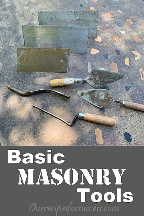 With a collection of some basic masonry tools, you’ll be able to tile floors and walls, install stone and brick veneer products, or update your landscaping with bricks and pavers. This blog gives you a list of masonry tools every DIYer should have. #DIY Masonry Tools #Basic Mason Tools #Masonry Tools #Ourrecipesforsuccess.com Landscaping With Bricks, Building A Stone Wall, Stone Walls Garden, Brick Mason, Brick Steps, Brick Laying, Masonry Tools, Masonry Work, Backyard Fireplace