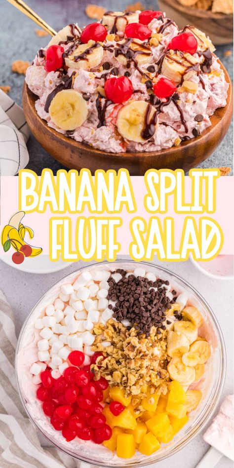 The best banana split fluff salad made with Cool Whip, pudding, and more! Banana Split Fluff Salad, Cool Whip Pudding, Banana Split Fluff, Dessert Salad Recipes, Desserts Oreo, Fluff Salad Recipes, Easy Fruit Salad Recipes, Fluff Salad, Fluff Recipe