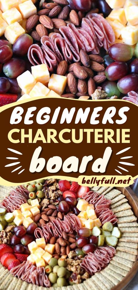 An easy charcuterie board for beginners! You can't go wrong with this finger food. Together with an assortment of nuts, dried fruits, crackers, and more, this meat and cheese board is a showstopping Thanksgiving appetizer or party snack! Charcuterie Meat And Cheese Board, Charcuterie Board Ideas Not Cheese, Charcuterie Boards For Beginners, What To Serve With Charcuterie Board, Meat And Cheese Board Ideas Simple, Cheese And Crackers Charcuterie Board, Charcuterie Board Ideas For Fall, Charcuterie Board Ideas For New Years, Chucutrie Boards