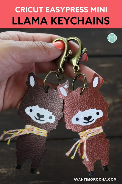 Learn how to make these adorable Faux Leather Llama Keychains using Cricut and the EasyPress Mini Cricut Faux Leather Projects Diy, Faux Leather Accessories, Faux Leather Cricut Projects Svg Free, Cricut Leather Projects Ideas, Dollar Tree Faux Leather Crafts, Faux Leather Keychain Pattern, Faux Leather Keychain, Faux Leather Cricut, Faux Leather Wristlet Keychain Diy