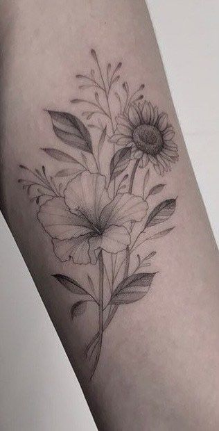 Daisy And Hibiscus Tattoo, Hibiscus And Sunflower Flower Tattoos, Hibiscus Sunflower Tattoo, Fineline Hibiscus Tattoo, Sunflower And Hibiscus Tattoo, Hibiscus And Sunflower Tattoo, Hibiscus Fine Line Tattoo, Yellow Hibiscus Tattoo, Fine Line Hibiscus Tattoo