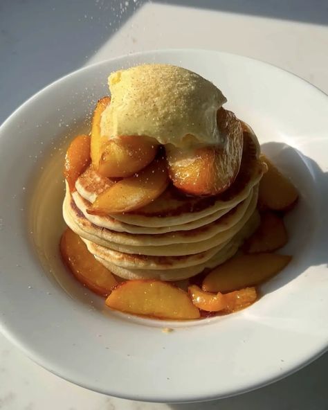 Peaches and Ice Cream Pancakes - Georgina Eliza Peach Waffles, Peaches And Ice Cream, Waffles Aesthetic, Vegan Pancake, Cream Pancakes, Vegan Pancakes, Nut Milk, Peaches N Cream, Vanilla Bean