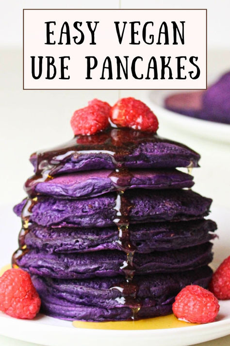 Stack of ube pancakes with raspberries and syrup. Ube Pancakes Recipe, Ube Pancakes, Ube Extract, Healthy Breakfast Choices, Breakfast Favorites, Vegan Pancake Recipes, Buckwheat Recipes, Unique Breakfasts, Classic Breakfast