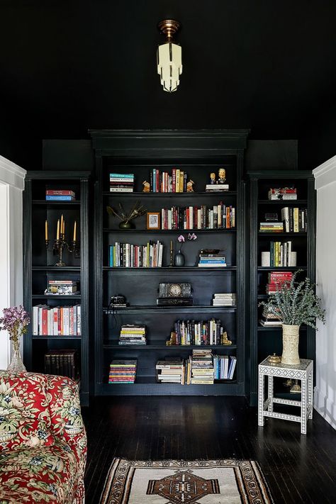 Black Bookshelves, Black Bookcase, Newly Remodeled Kitchens, Crane Design, Craftsman Home, Sight Unseen, Black Room, Cabinet Makeover, Craftsmen Homes