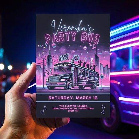 Neon Party Bus Invitation | Digital Download | Customizable Canva Template Get ready to party in style with this Neon Party Bus Invitation! Perfect for birthday parties, bachelorette celebrations, or any night out, this editable Canva template lets you customize all the details to match your event. Featuring a vibrant neon design with a party bus, this invite sets the perfect tone for a night of fun! ✨ What's Included? ✔ Editable Party Bus Invitation Template (Sizes: 5x7 inches, A5, and Digital) ✔ Instant Digital Download - No physical product will be shipped ✔ Customizable text, colors, and fonts in Canva (FREE to use) 🎉 How It Works: 1️⃣ Purchase this listing. 2️⃣ Download the PDF file with your Canva access link. 3️⃣ Click the link to open the template in Canva. 4️⃣ Customize your text Fonts In Canva Free, Birthday Party Bus, Lila Party, Fonts In Canva, Bus Trip, Purple Party, Bus Travel, Party Bus, Neon Design