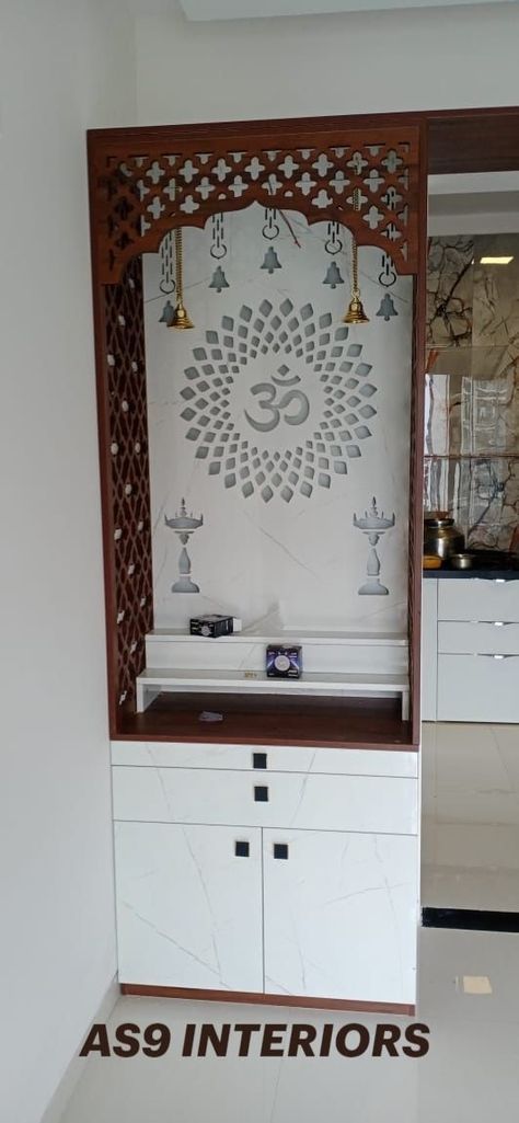 Mandir Design Small Wall, Simple Puja Room Design Indian, Pooja Cupboard Designs, Small Mandir Design Indian, Dev Ghar Design, Mandir Back Wall Design, Wooden Mandir Design, Mandir Ideas For Small Space, Small Pooja Room Ideas