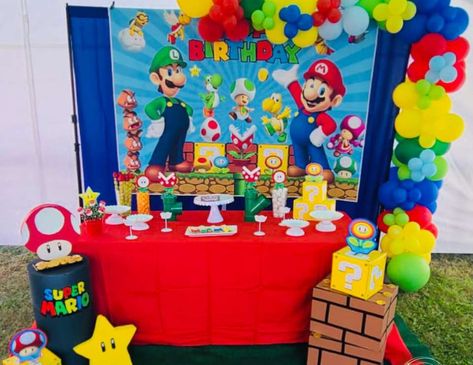 Super Mario Bros / Birthday "Liam’s Mario Bross Birthday " | Catch My Party Super Mario Cake Table, Super Mario Bros Table Decor, Super Mario Bros Dessert Table, Super Mario Table Decorations, Super Mario Brothers Birthday Party, Super Mario Bros Birthday, Super Mario Brothers Birthday, Mario Brothers Birthday Party, Mario Bros Birthday Party Ideas