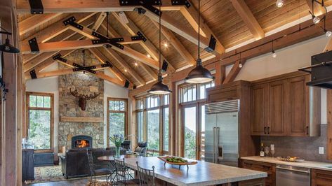 Scissor Truss, Alder Cabinets, Timber Home, Timber Frame Barn, Leather Granite, Country Lodge, Timber Frame Homes, Timber House, Cabin In The Woods