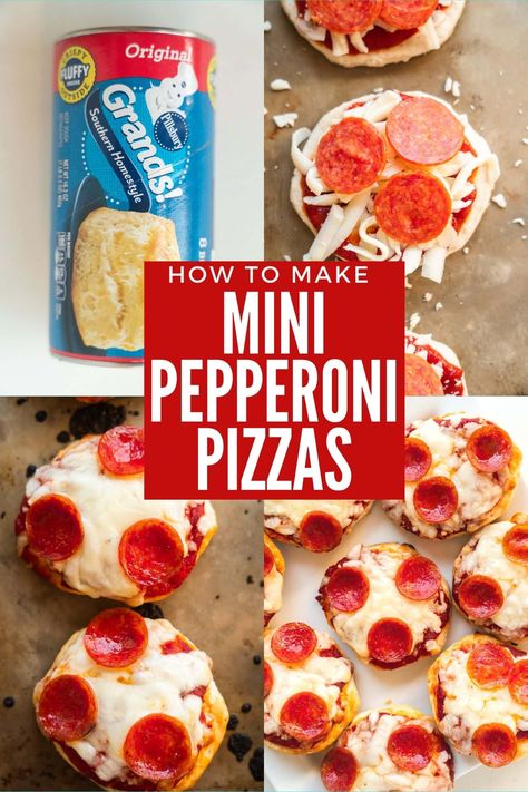 These Mini Pizzas are an easy party snack and quick dinner the whole family will love! Make individual pizzas with Pilsbury Grand refrigerator biscuits in under 15 minutes. Keep it classic with pepperoni or add your favorite pizza toppings! Grand Biscuit Recipes, Pillsbury Biscuit Recipes, Refrigerator Biscuits, Pilsbury Recipes, Pepperoni Pizza Bites, Mini Pizza Recipes, Homemade Pizza Rolls, Individual Pizzas, Biscuit Pizza