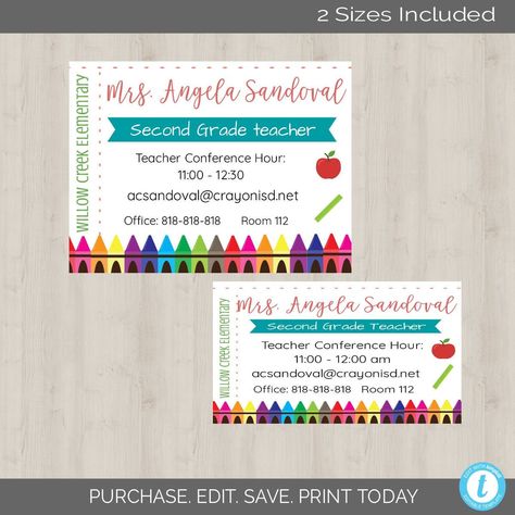 Crayon Business, Teacher Supplies List, Contact Card Template, Organize Classroom, Teacher Crafts, School Newsletter Template, Teacher Business Cards, Teacher Info, Teacher Forms