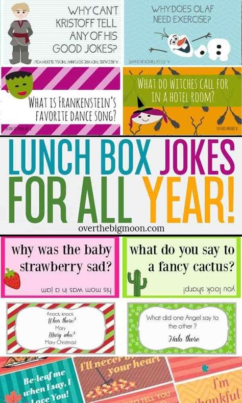 Lunch Box Joke Cards are a fun way to make your child feel special when they're gone to school! We've got Lunchbox Joke Cards for every season and holiday! Plus, a few collections perfect for anytime of the year! School Lunch Jokes, Kids Jokes And Riddles, Lunch Jokes, Kids Lunch Box Notes, Lunchbox Notes For Kids, Lunchbox Jokes, Lunchbox Notes, Lunch Notes, Funny Jokes For Kids