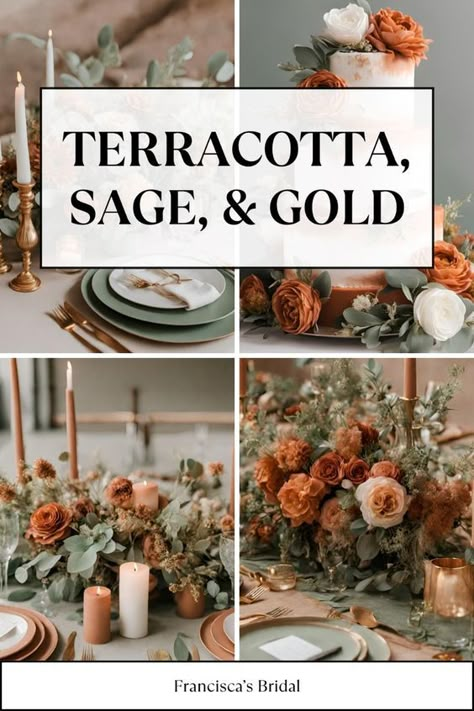 If you are looking for ideas to help you decide on your wedding colors, then check out these beautiful sage green, terracotta, and gold wedding color palette ideas to help inspire you! | Wedding color schemes | Wedding color palettes | Wedding theme | Wedding theme ideas | Wedding colors | Wedding color inspiration | Wedding color ideas | Wedding themes | Wedding colors unique | Fall wedding color ideas | Winter wedding color ideas | Spring wedding color ideas | Summer wedding color ideas | Autumn Wedding Theme Color Schemes, 2024 Fall Wedding Trends, Summer 2025 Wedding Colors, Fall 2025 Wedding Colors, November Wedding Color Palette, Sage Color Palette Wedding, Terracotta Wedding Color Palette, Terra Cotta Wedding Color Palettes, Sage And Terracotta Wedding