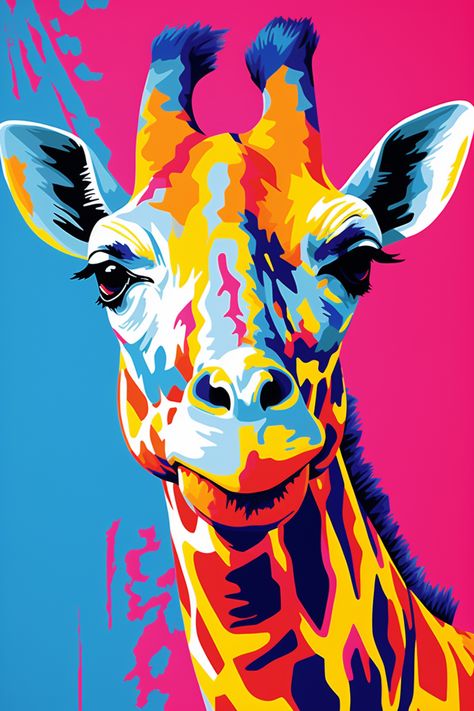 Pink And Blue Background, Drawings With Meaning, Colorful Animal Paintings, Acrylic Portrait Painting, Brush Pen Art, Animal Art Projects, Giraffe Painting, Pop Art Animals, Dog Pop Art