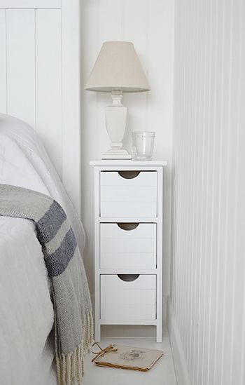 Dorset max 25cm narrow white bedside table. Bedroom Furniture Narrow White Bedside Table, Beside Table Decor, White Bedside Tables, Wooden Bed Side Table, Bed Side Table Design, Slim Bedside Table, Narrow Bedroom, Narrow Bedside, Narrow Bedside Table