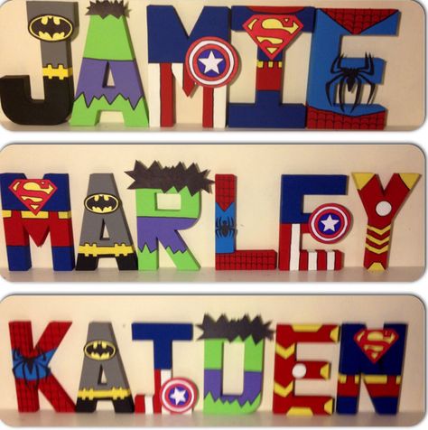 Superhero inspired character wall letters. www.facebook.com/missylissyletters Superhero Letters, Superhero Nursery, Superhero Bedroom, Wooden Wall Letters, Superhero Room, Painted Letters, Boy Bedroom, Superhero Theme, Big Boy Room