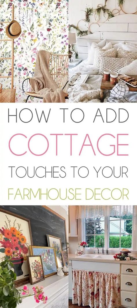 Come and see how easy it is to add sweet little Cottage Farmhouse Touches to your Farmhouse Home Decor. It is simply amazing how a few accessories and elements can change the feel and mood of a room. A Shiplap Wall or Cabinet…White Pitchers and Glassware… Vintage Crocks of all sizes… Mason Jars… Vintage Jars… Ruffles… Painted Furniture… Painted Furniture… Iron Headboard… Fresh Flowers… Painted Flo Vintage Cottage Style Bedroom, Cottage Interior Color Schemes, English Country Shabby Decor, English Garden Decor Interior Design, Cottage Style Decor Living Room, Country Interior Design Farmhouse Style, Little Cottage House Interior, Charming Cottage Interior, Cottage Style Home Decor