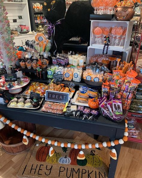 Outdoor Halloween Candy Table, Halloween Candy Bar Ideas, Halloween Candy Display, Halloween Candy Chute, Halloween Driveway Candy Table, Haunted Candy Shop, Halloween Candy Trade In, Halloween Candy Table, Old Fashioned Candy Store