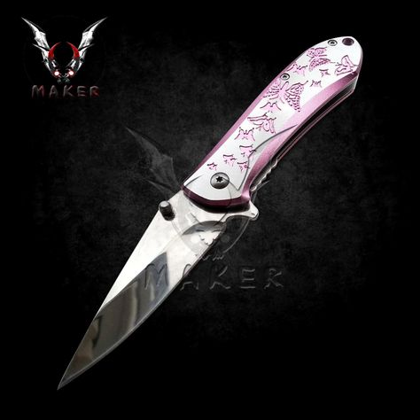 Here at the VuMaker, create masterpieces For more great holiday apparel, please visit our shop: https://www.etsy.com/shop/VuMaker Ladies Pink Knife 7"  Spring Best Folding Knife for Hunting, Camping Gift for Men, women, Father, Husband, Boyfriend, Christmas  VuMaker-559 Spring Assisted Knife 7" Overall Length 3" 3cr13 Stainless Steel Blade Aluminum Handle with Pink art Design Pocket Clip with Gold Accent Charm Overall Carry Weight: Only 3.5 oz Processing time All items are print on demand. This means that we only make your item once you have purchased it. We typically need 2-7 days to create your item(s), with more than 90% of orders being created within 3 days. Shipping Shipping can take from 3-10 days, depending on your location and the shipping options and upgrades that you choose. Plea Kawaii Pocket Knife, Pretty Pink Knifes, Pink Butterfly Knife, Pretty Pocket Knife, Bedazzled Knife, Cute Knifes, Pink Switchblade, Pocket Knife Aesthetic, Cute Pocket Knife