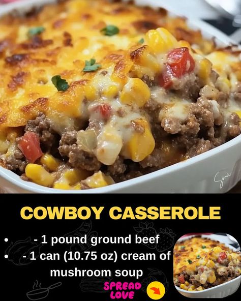 Cowboy Casserole Beef Tater Tot Casserole, Cowboy Casserole Recipe, Beef Tips And Noodles, Beef Lasagna Recipe, Quick Casseroles, Baked Meatloaf, Cowboy Casserole, Mexican Casserole Recipe, Easy Biscuit Recipe