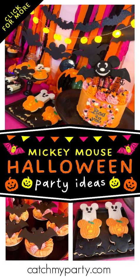 Don't miss this awesome Mickey Mouse Halloween party! The cookies are so cool! See more party ideas and share yours at CatchMyParty.com Mickey Mouse Halloween Party Ideas, Mickey Mouse Halloween 1st Birthday Party, Halloween Mickey Birthday Party, Mickey Halloween Party Ideas, Mickeys Halloween Birthday Party, Mickey Mouse Halloween Party, Mickey Not So Scary Halloween Party, Minnie Mouse Halloween Birthday Party, Disney Halloween Birthday Party