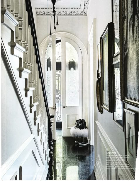 Foyer -- white doors & dark floors Glass Front Entry Doors, Brownstone Interiors, New York Brownstone, Double Front Entry Doors, Nyc Townhouse, Apartment Entrance, Entry Doors With Glass, Black Front Doors, London Townhouse