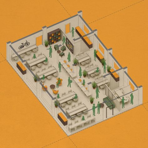 Restaurant Layout Design Floor Plans, Coworking Office Design, Office Cubicle Design, Office Design Inspo, Coworking Design, Office Layout Plan, Office Space Planning, Cubicle Design, Coworking Space Design