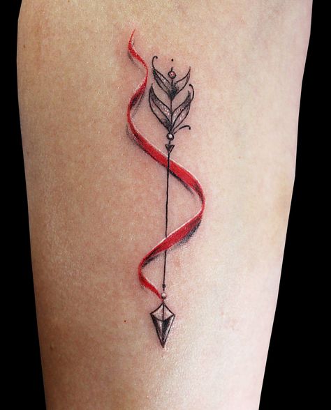 Red Arrow Tattoo, Red String Tattoo, Word Tattoo Designs, Arrow Tattoos For Women, Native Tattoos, Word Tattoo, Ribbon Tattoos, Shiva Tattoo, Friendship Tattoos